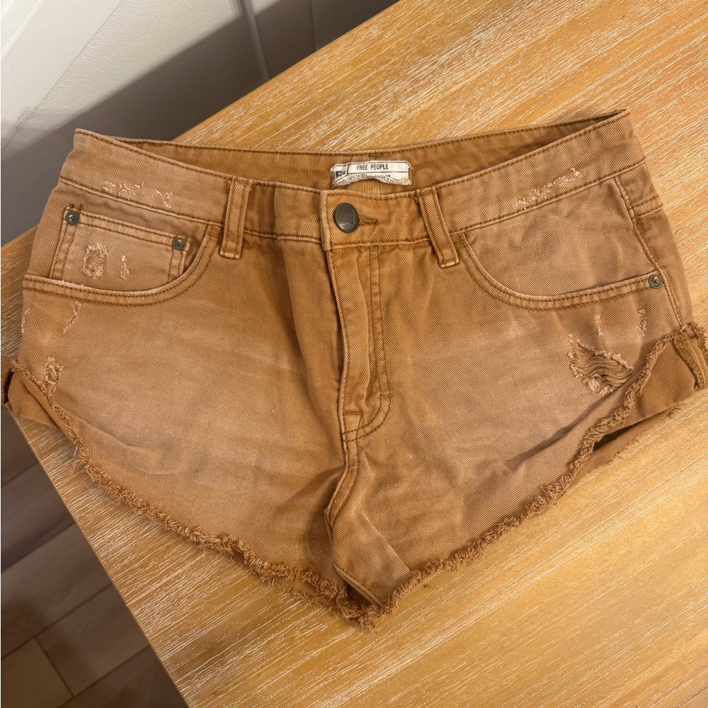 Free People Tan Distressed Jean Shorts